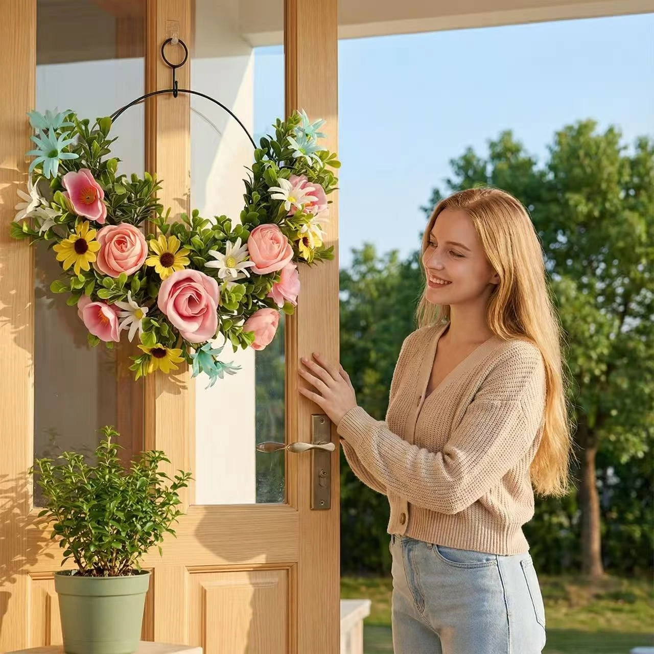 

2026 Spring Artificial Flower Easter Wreath with Egg Decor Fake Floral Wreath Home Front Door Wall Festival Decoration