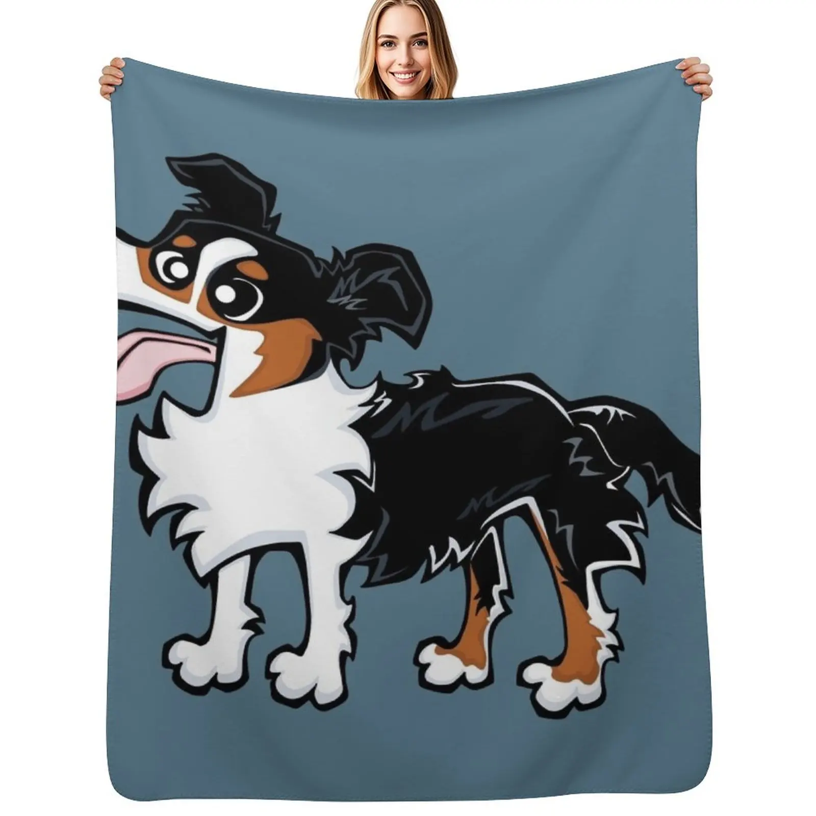 Border Collie - Tricolour (Full Body) BLUE BG Throw Blanket Loose Furrys Shaggy Luxury Tourist Blankets