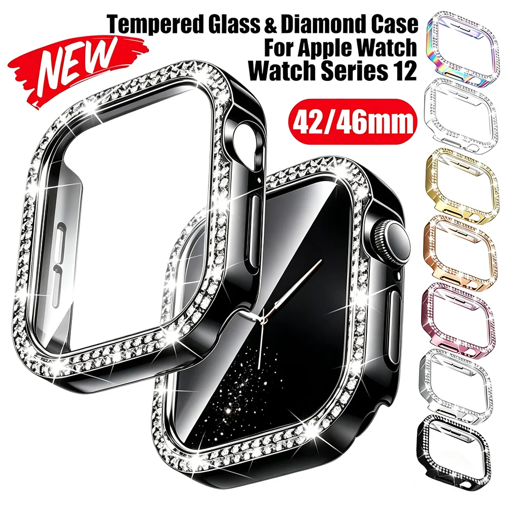 Diamond Cover For Apple watch Case S12 46MM 47MM Tempered Glass+Bling Bumper Screen Protector iWatch series 12 Protective Cover