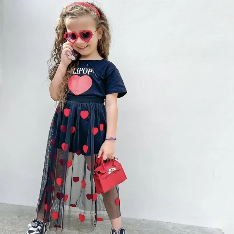 Fashion Baby Girl Clothes Set Short Sleeve Tshirt+Heart Tutu Skirt 2PCS Child Clothing Set Outfit Summer Baby Clothes 3-14Y