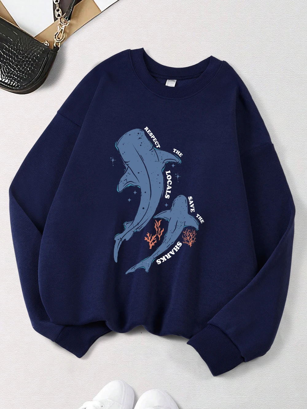 حماية الحوت المحلي يطبع البلوز المرأة أساسيات فضفاضة هوديس الصوف الدافئة Crewneck الملابس عارضة مريحة امرأة قمم