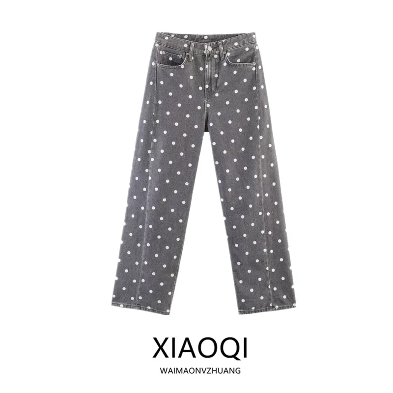 

Women's Loose Midi-Waist Polka Dot Jeans Summer 2026 New Arrival Nine-Tenths Length Natural Waist Button Closure Casual Style
