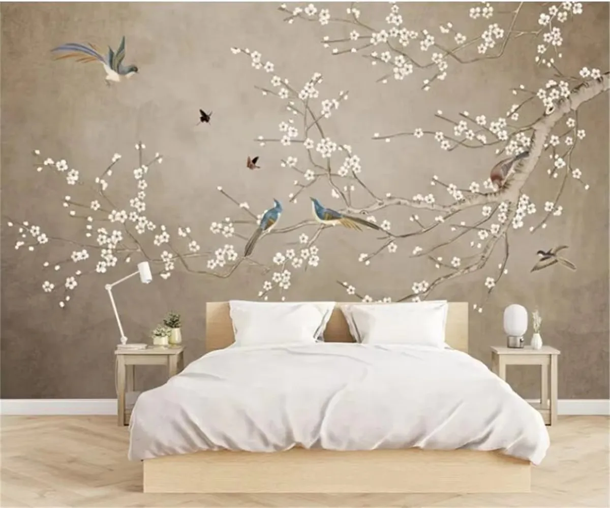 ورق حائط ثلاثي الأبعاد مخصص جديد صيني مرسومة يدويًا على شكل زهرة وجدار الطيور لغرفة النوم وغرفة المعيشة وأريكة خلفية