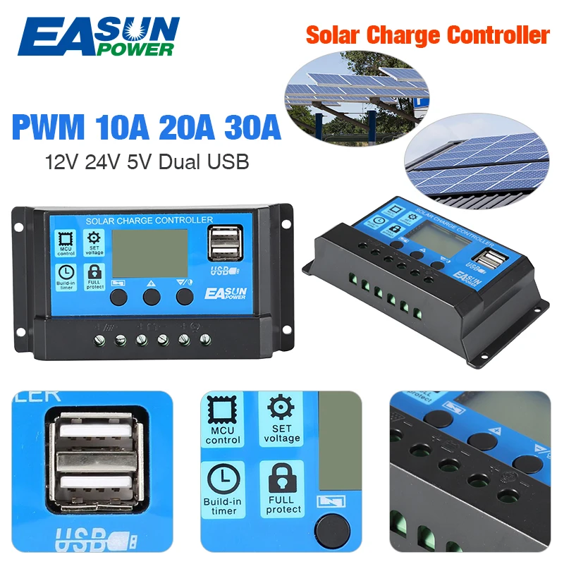 EASUN POWER Solar Controller  12V/24V LCD Display Dual USB 5V Output  60A 50A 40A 30A 20A 10A Solar Regulator PWM Battery Charge