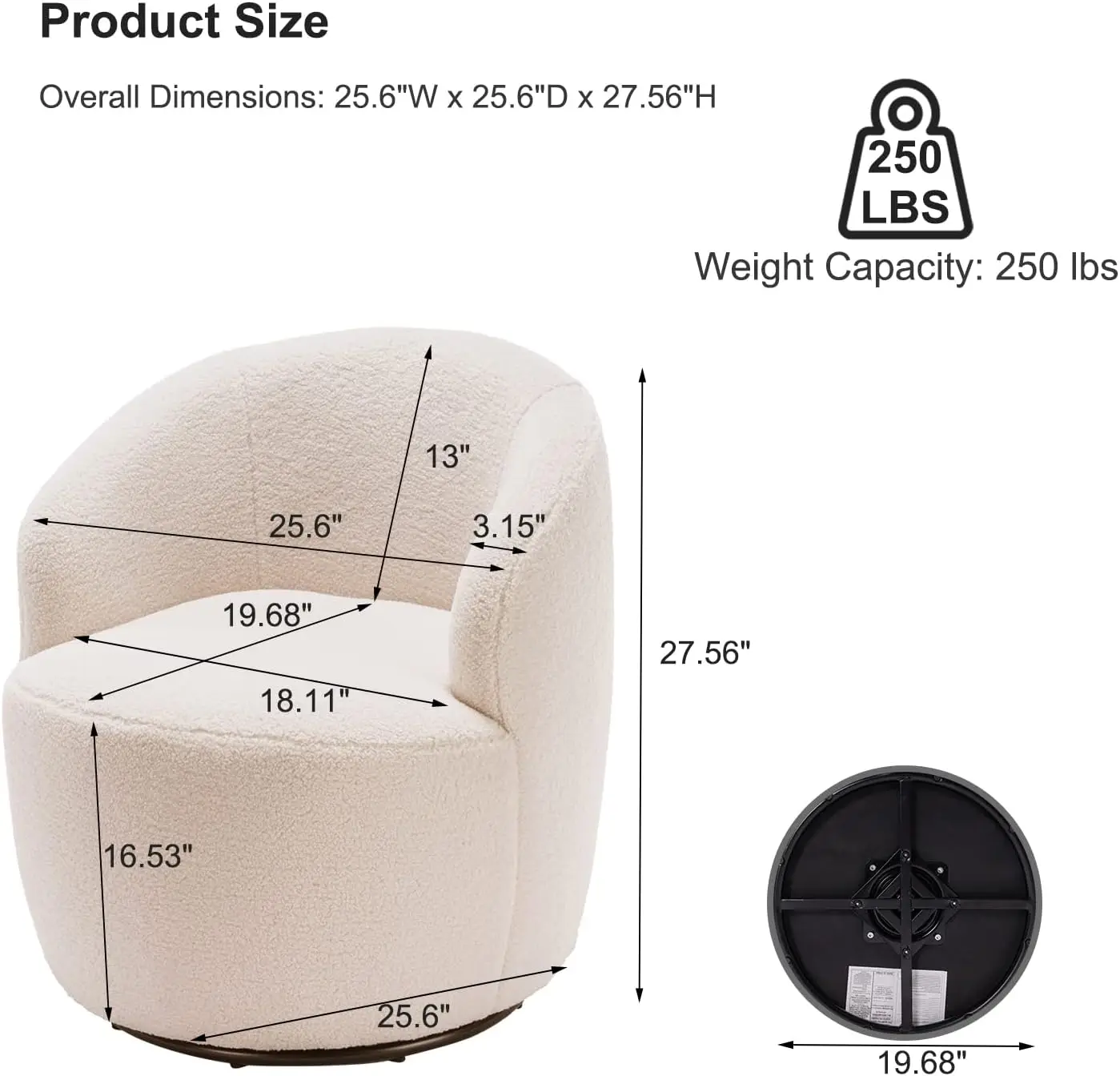 Barrel Chair for Living Room, Small Accent Round 360° Club Modern Teddy Upholstered Arm Chairs Bedroom, Office, Hotel(White)