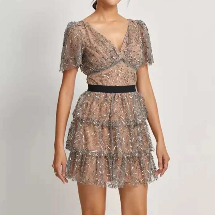 

Sequin Embroidery Mesh Bodycon Dress for Women V-neck Patchwork Elegant Party Clothing Lady Runway Design Summer Mini Dress Lace