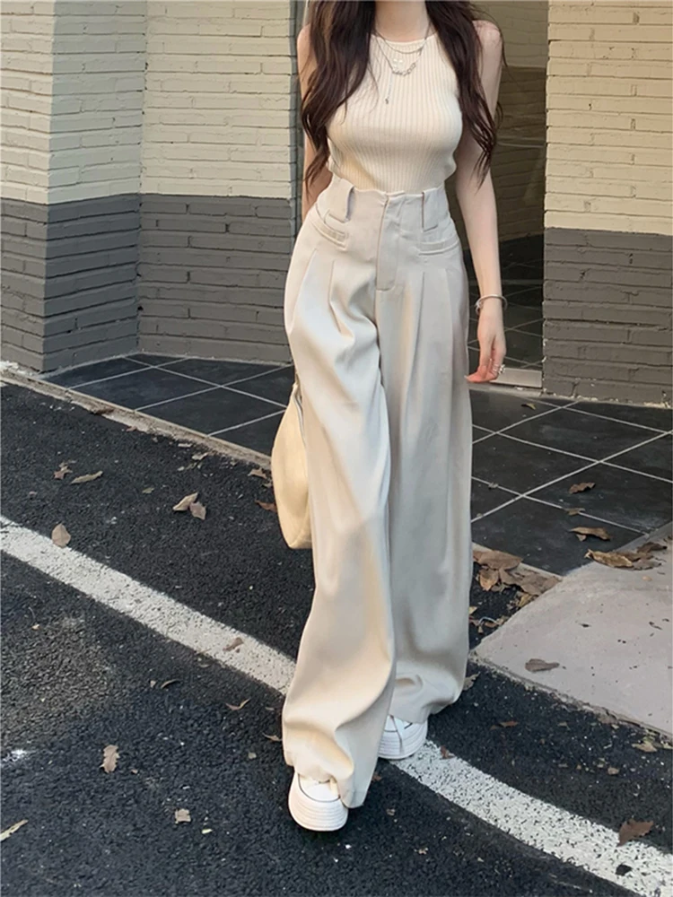 

2024 Autumn and Spring Straight Loose Office Lady Dress Pant Wide Leg Suit Pants Elastic Waist Casual Trousers Womens W195