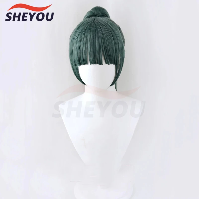 Anime Cosplay Maki Zenin Wigs Dark Green Ponytail Heat Resistant Synthetic Hair Cosplay Wig + Wig Cap + Glasses