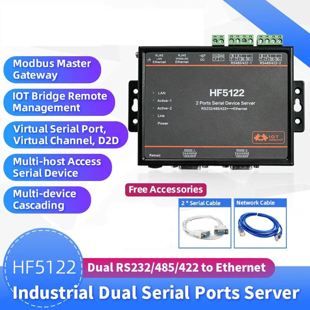HF5122 Dual-Port Serial Device Server with 5~36VDC Wide Input Range and Embedded TCP/IP Network Protocol Stack