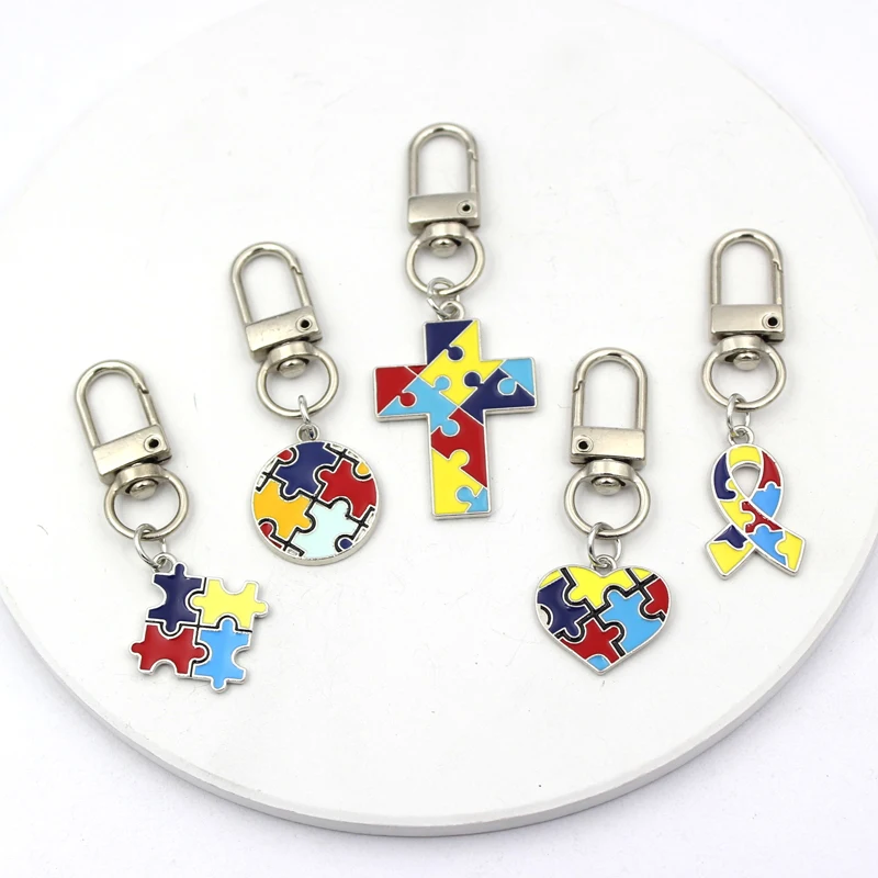 New Arrival Puzzle Piece Ribbon Awareness Autism Keychain Tassel Key Chain Key Holder Dropshipping Jewelry Gifts