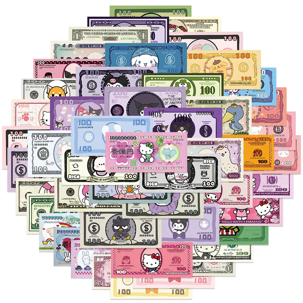 

10/30/50pcs Kawaii Sanrio Money Stickers Cute Hello Kitty Kuromi Melody Decals Laptop Fridge Stationery Kids Cartoon Sticker Toy
