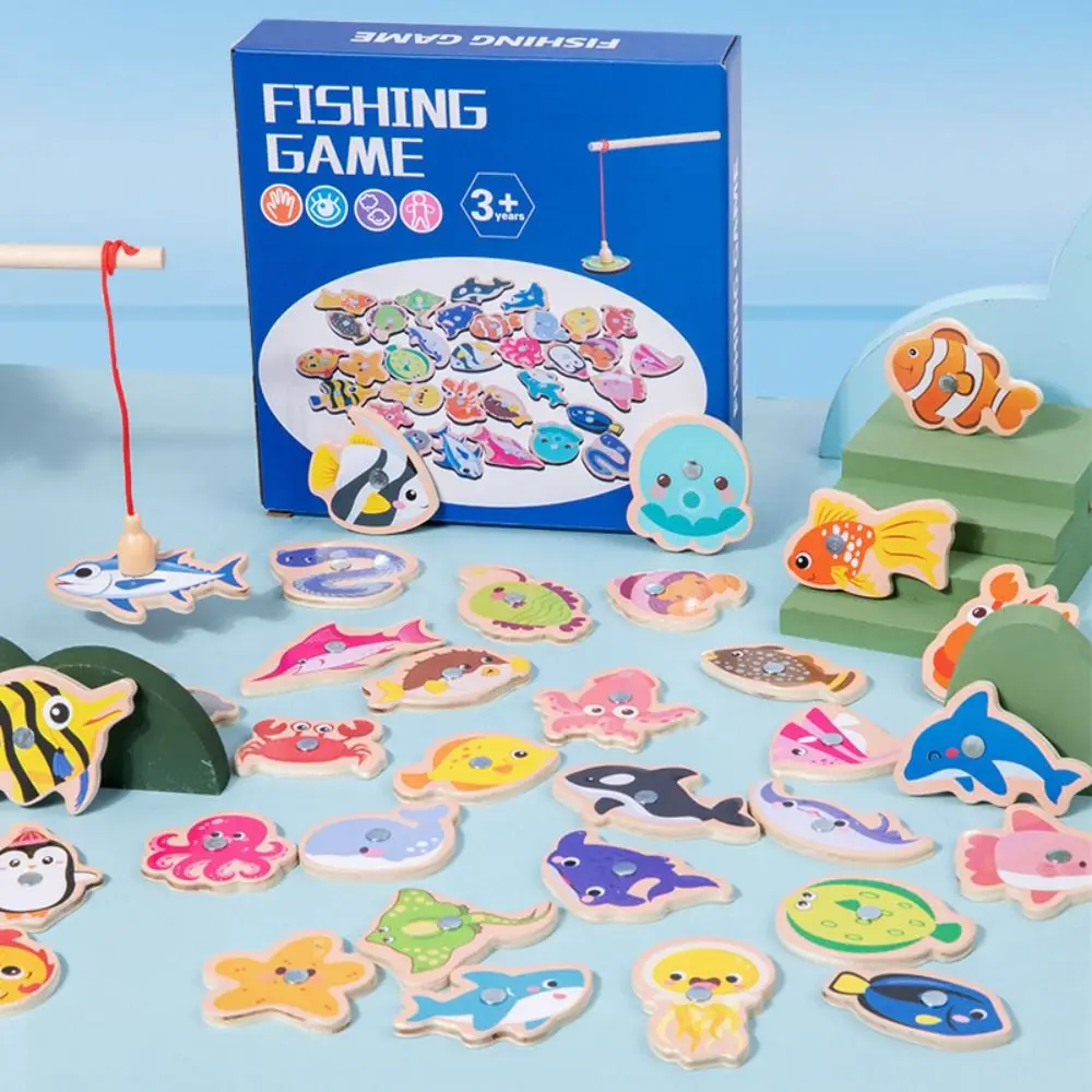 Organismo marinho de madeira jogo de pesca magnética crianças montessori brinquedos oceano cognição peixe jogo pai-filho brinquedos