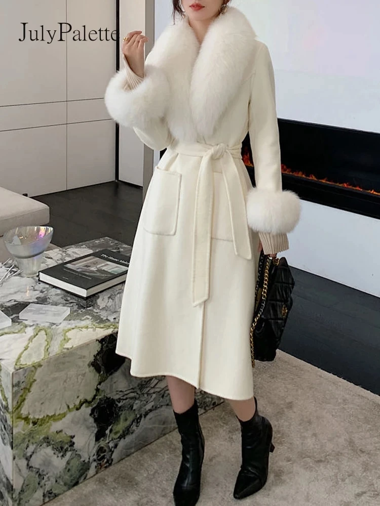 Julypalette White Fox Big Fur Collar Wool Coats Women Natural Fox Fur Coat Winter Warm Midi Length Office Lady Cashmere Outwear