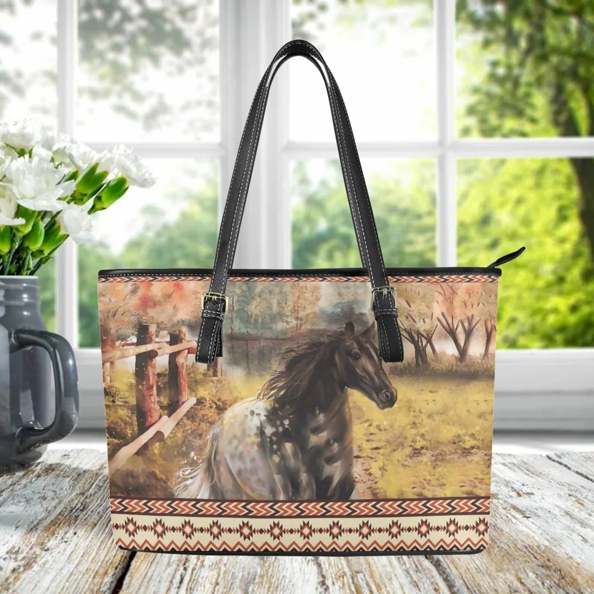 

Brand Designer Tribal Style Leather Handbag Women Vintage Horse Print Shoulder Clutch Top Handle Women Casual Saddle Bag Cartera