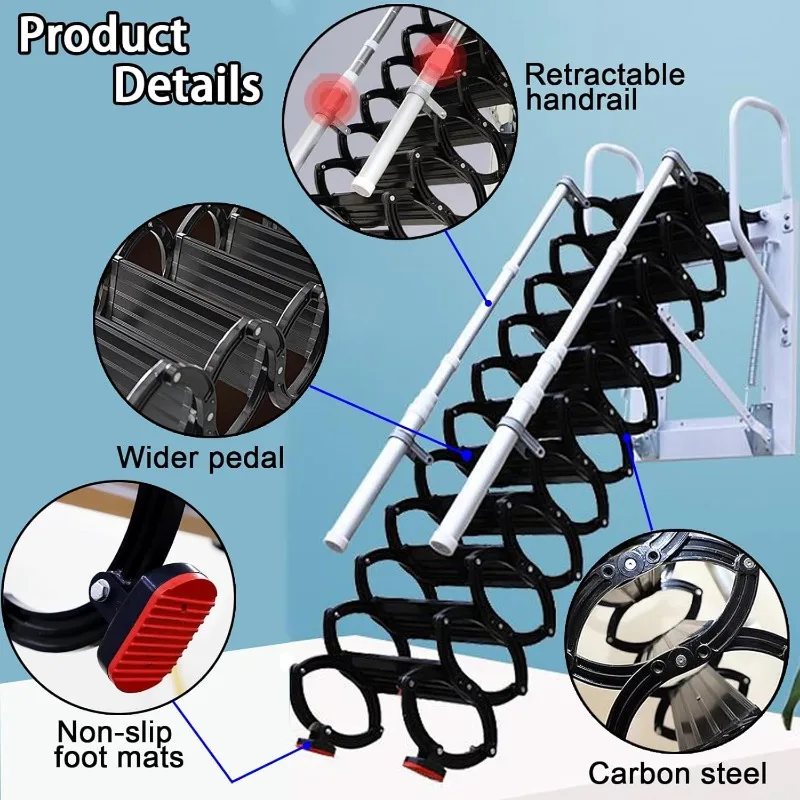 벽걸이 접이식 계단, 손잡이가 있는 접이식 로프트 계단, 접이식 다락방 사다리, 풀다운 시스템