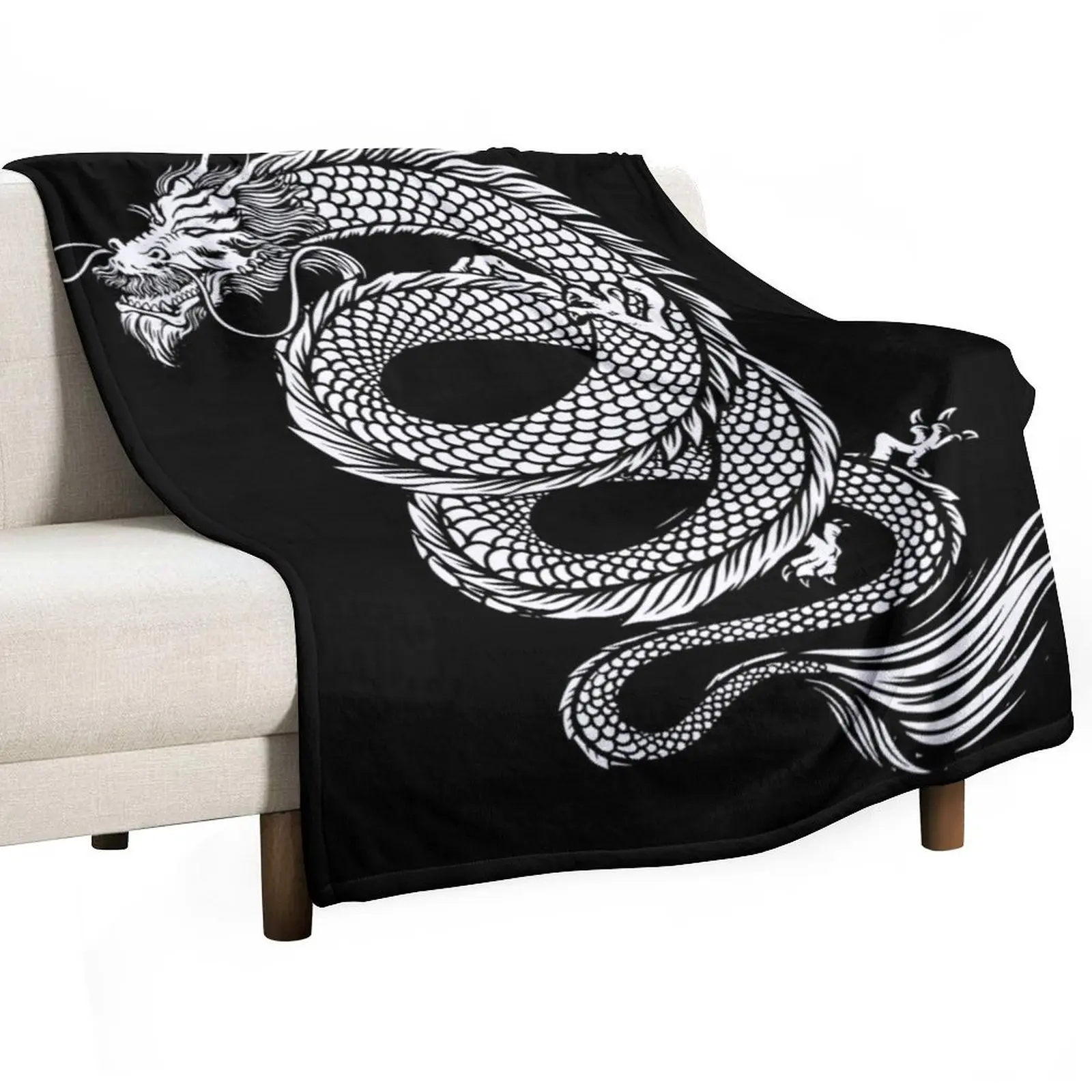 White Japanese Dragon Tattoo Style Throw Blanket Decorative Sofas Sofas Blankets