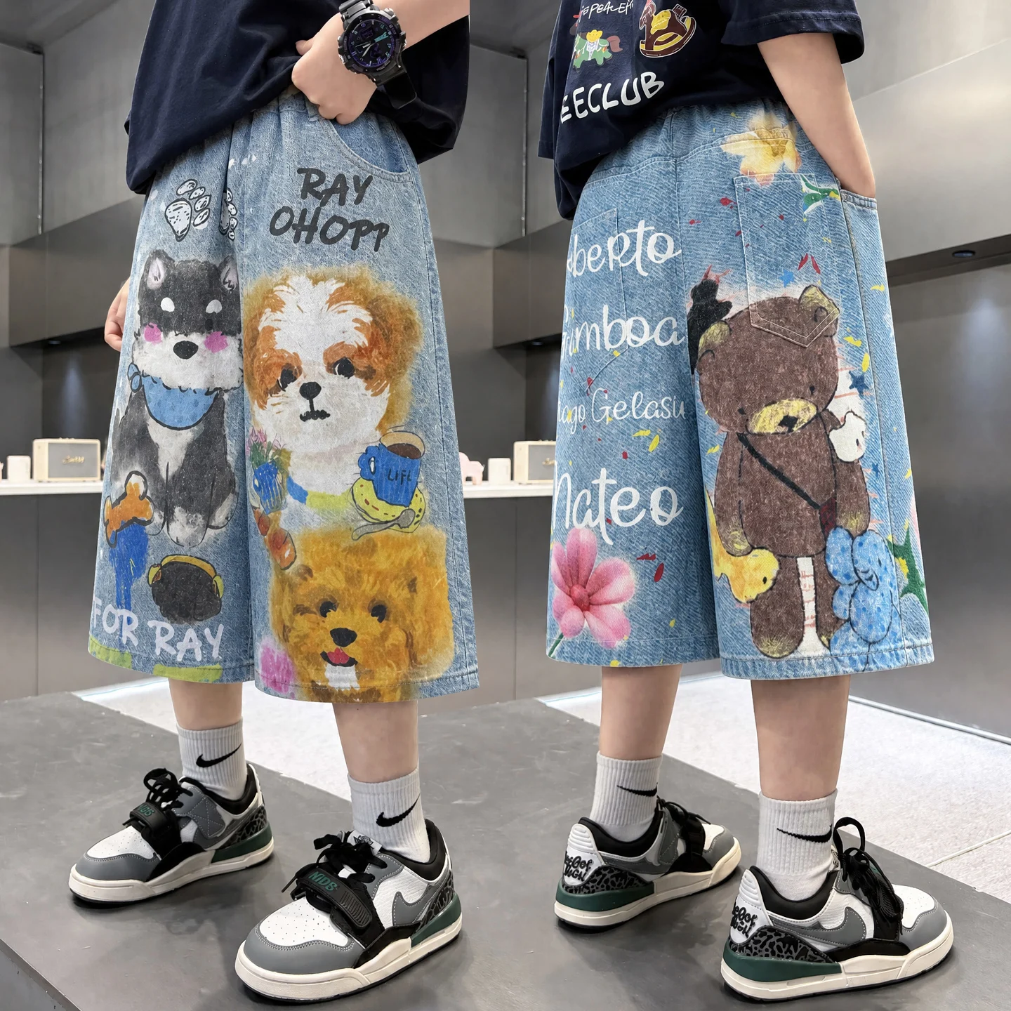 Summer New Boys T Loose Wide Leg Jeans Short Pants Cartoon Dog Print Casual High Waist Denim Pants Blue Color Casual Wearem