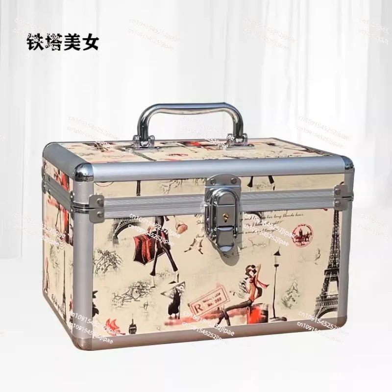 Password Lock Aluminum Alloy Cosmetic Case Double-layer Large-capacity Storage Box, Portable Professional Locked Cosmetic Bag