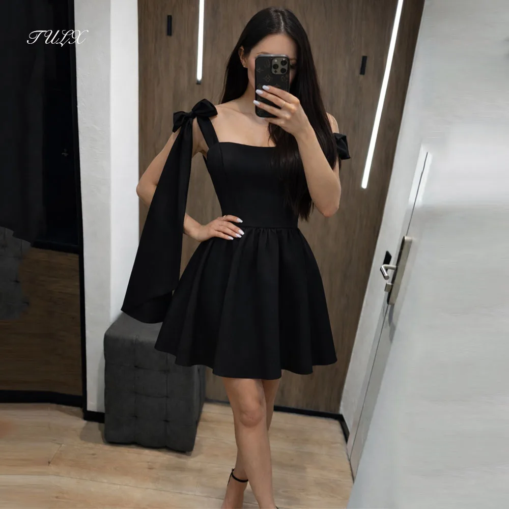 

TULX Simple Black White Satin Mini Evening Dress Strapless Bow Strap Arabo Dubai Prom Party Dress A line Short Cocktail Dress