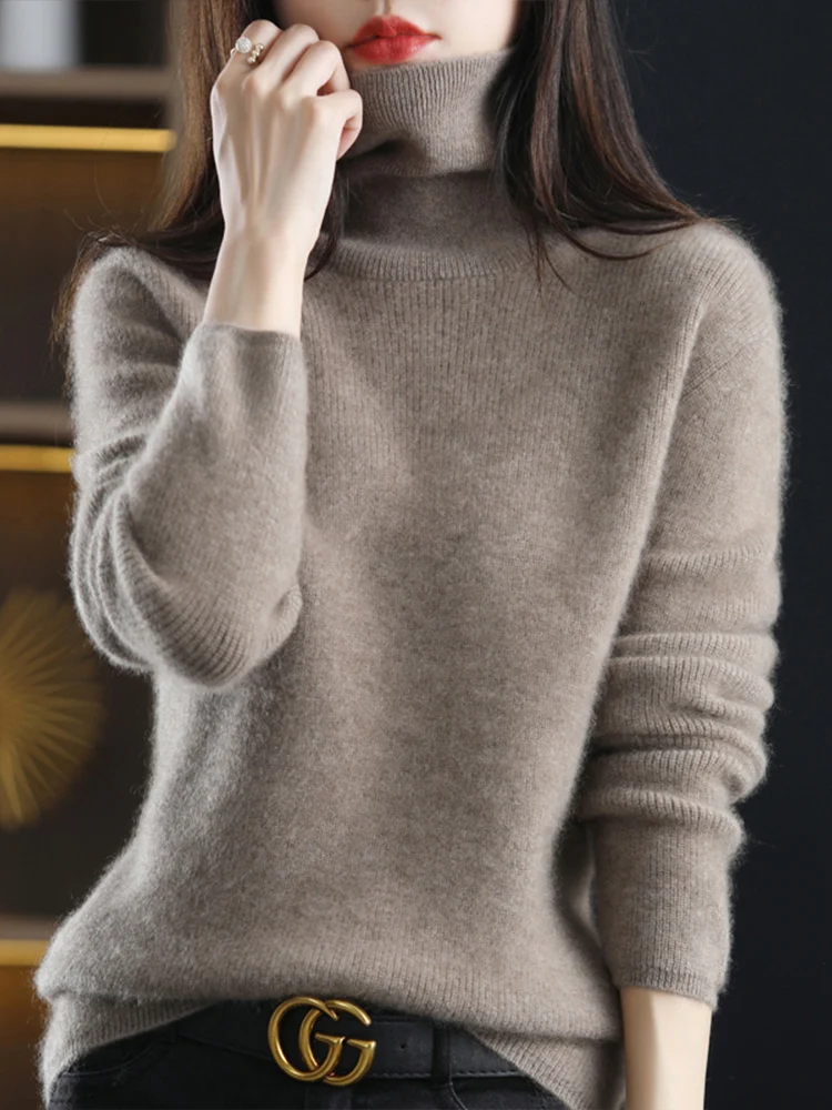

Модный женский вязаный свитер с высоким воротником для осени и зимы, базовая модель, приталенный, с длинным рукавом, для повседневной носки