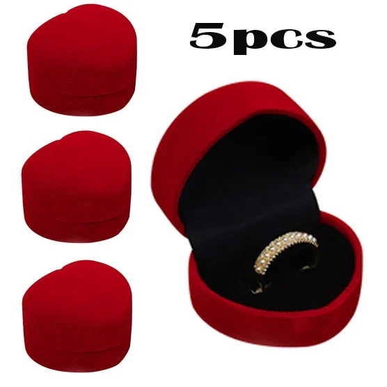 5pcs Ring Box Velvet Red Heart Shaped Jewelry Box  Earrings Display Cases Holder Gift Boxes Bridal Wedding Jewelry Organizer