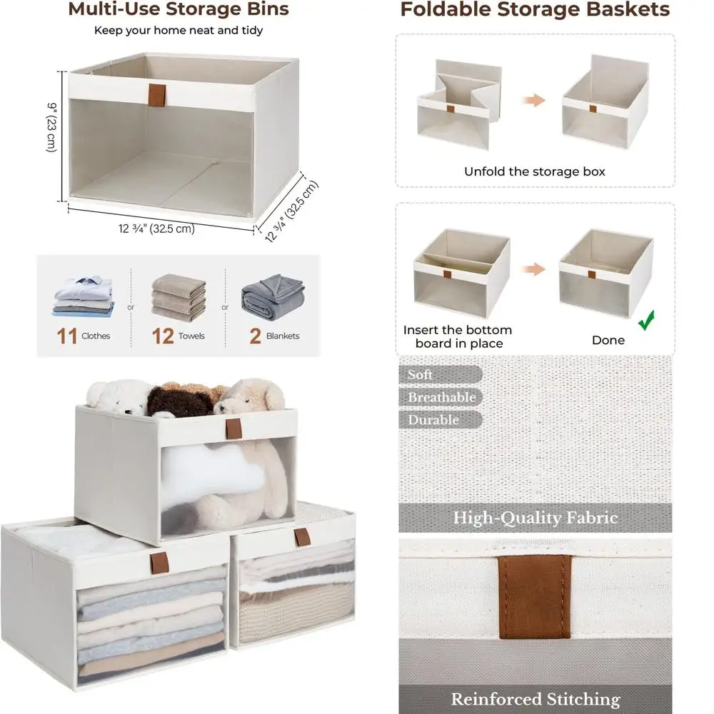 

Набор из 3-х бежевых складных контейнеров для хранения с прозрачным окном и ручками для одежды и полок