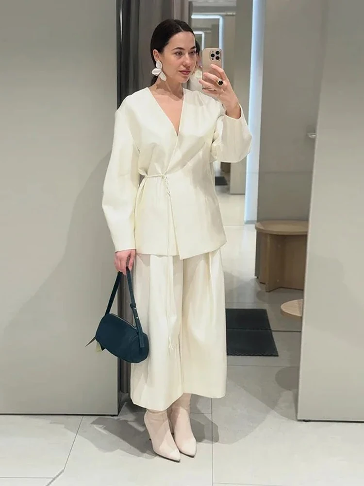 Chic Lace Up Suit Set Women Solid color Long sleeve V-neck Top Elegant White Loose Fit Wide Leg Pants Office Commute Collection