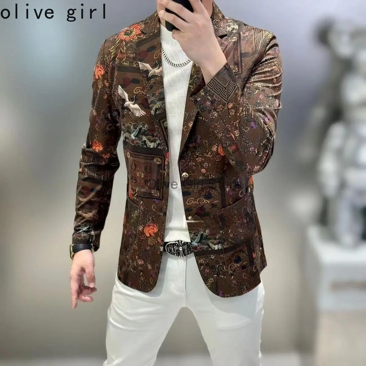 

2025 High-end Men's Blazers Fashion Trend Jacket Casual Versatile Long Sleeved Printed Suit Suit Top