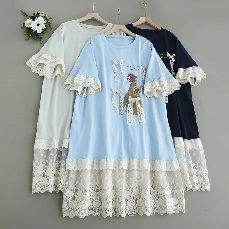 

Summer Japanese Sweet Mori Girl Kawaii Cartoon Print Bow Lace Patchwork T-Shirt Dress Women O-Neck Short Sleeve Casual Dresses
