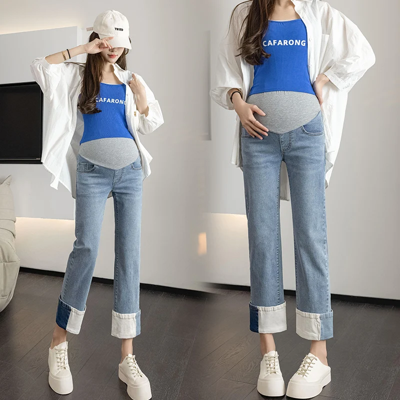 

2305# 2023 Autumn New Fashion Stretch Denim Maternity Jeans Rolled Up Straight Belly Pants Clothes for Pregnant Women Pregnancy