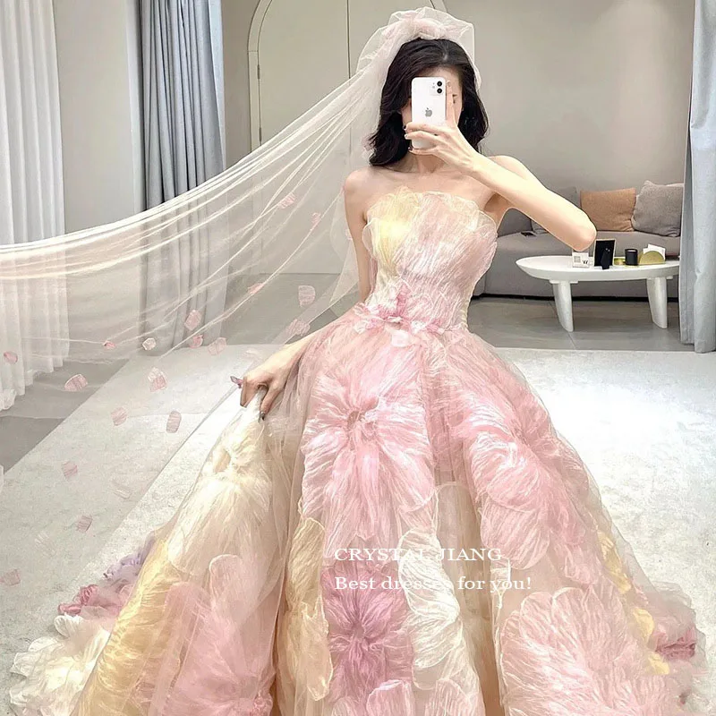 Romantic Lace Floral Ball Gown Prom Dresses Custom Made Strapless vestidos de festa Wedding Party Dress