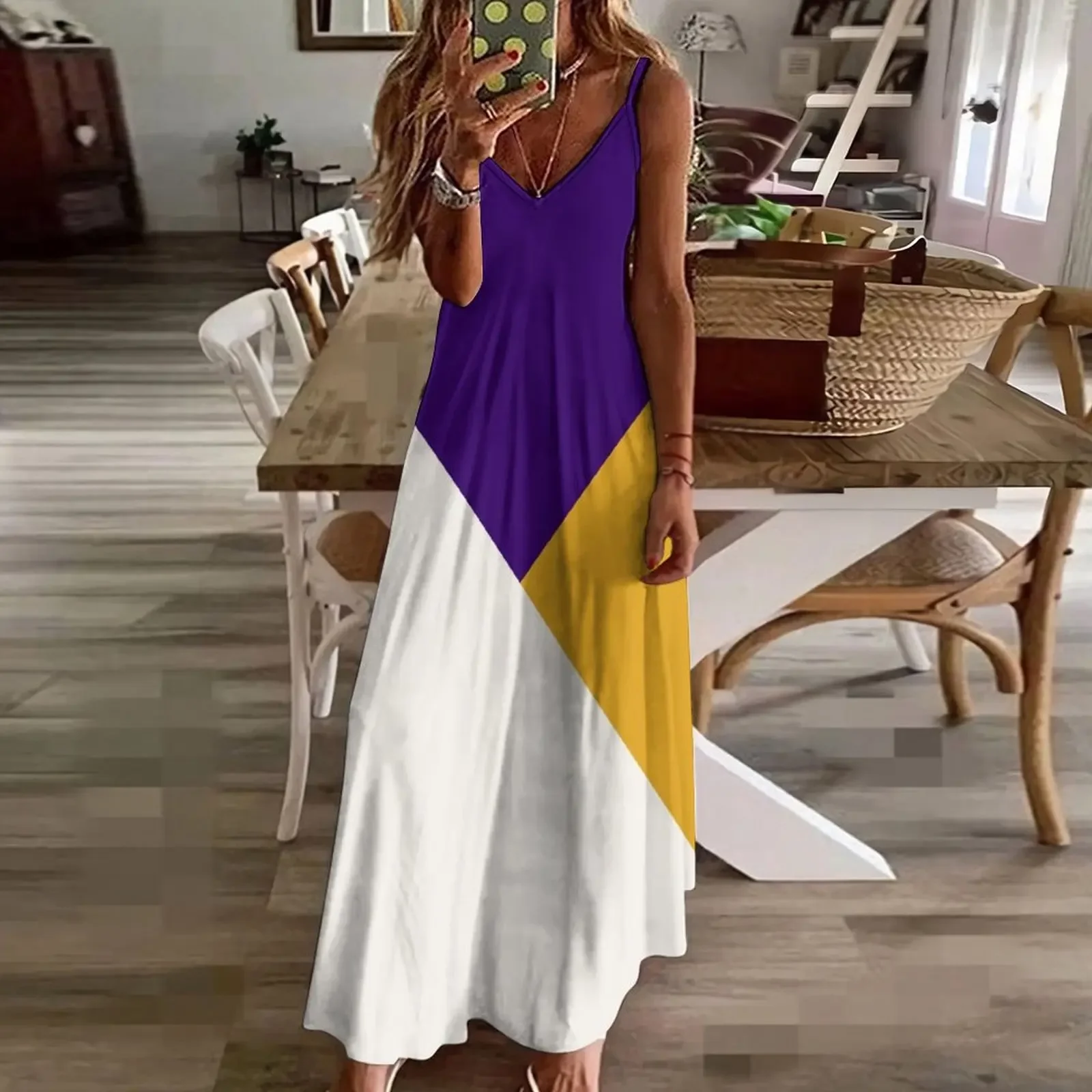 Tricolor geometria roxo amarelo sem mangas vestido de verão vestidos senhoras 2024 vestido de noite vestidos femininos para baile