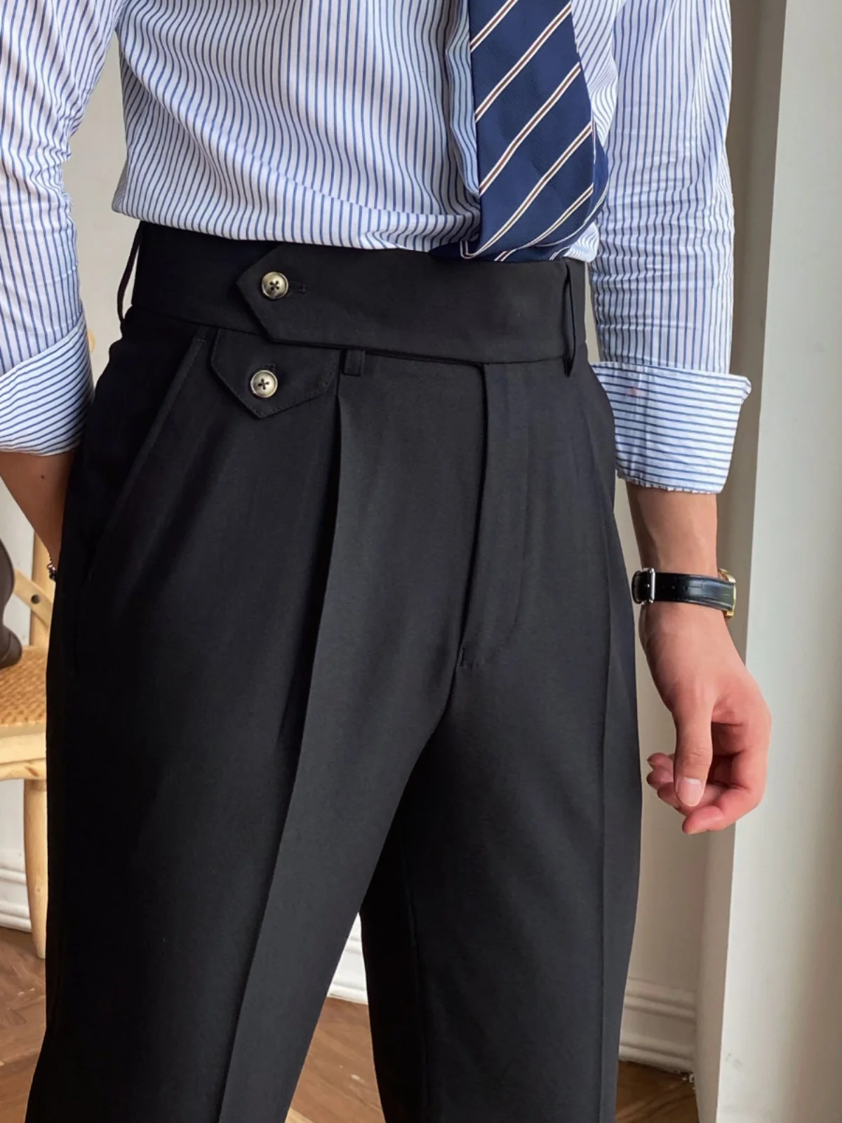 Mr. Lusan High Waist Straight Drooping Casual Pants Easiest for Match Fashion Naples Paris Buckle Summer Suit Pants Men