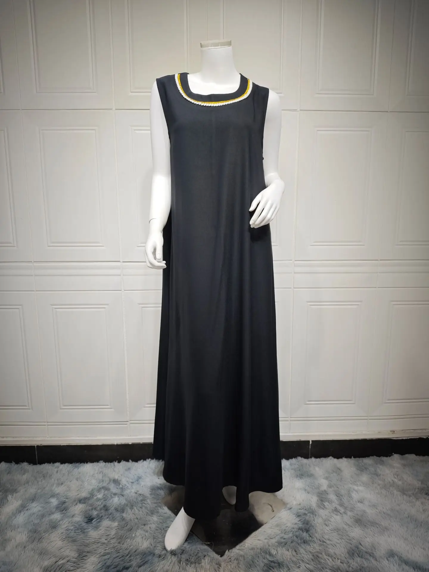 Uni dubaï Ramadan broderie élégant abaya deux pièces musulman élégant femmes robe de soirée col rond ceinturé caftan