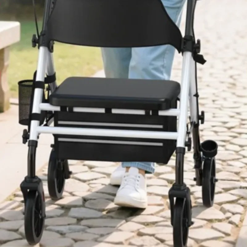 Foldable Shopping Walker with Seat - 4 Wheel Lightweight Trolley for Seniors & Moms, Collapsible Basket with Brakes