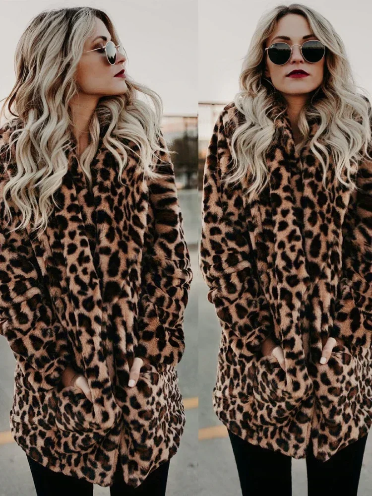 Women\'s Warm Faux Fur Jackets Coat Leopard Leisure Women Winter Shaggy Fur  Jackets Thick Fluffy Luxury Bontjas Outerwear 2023