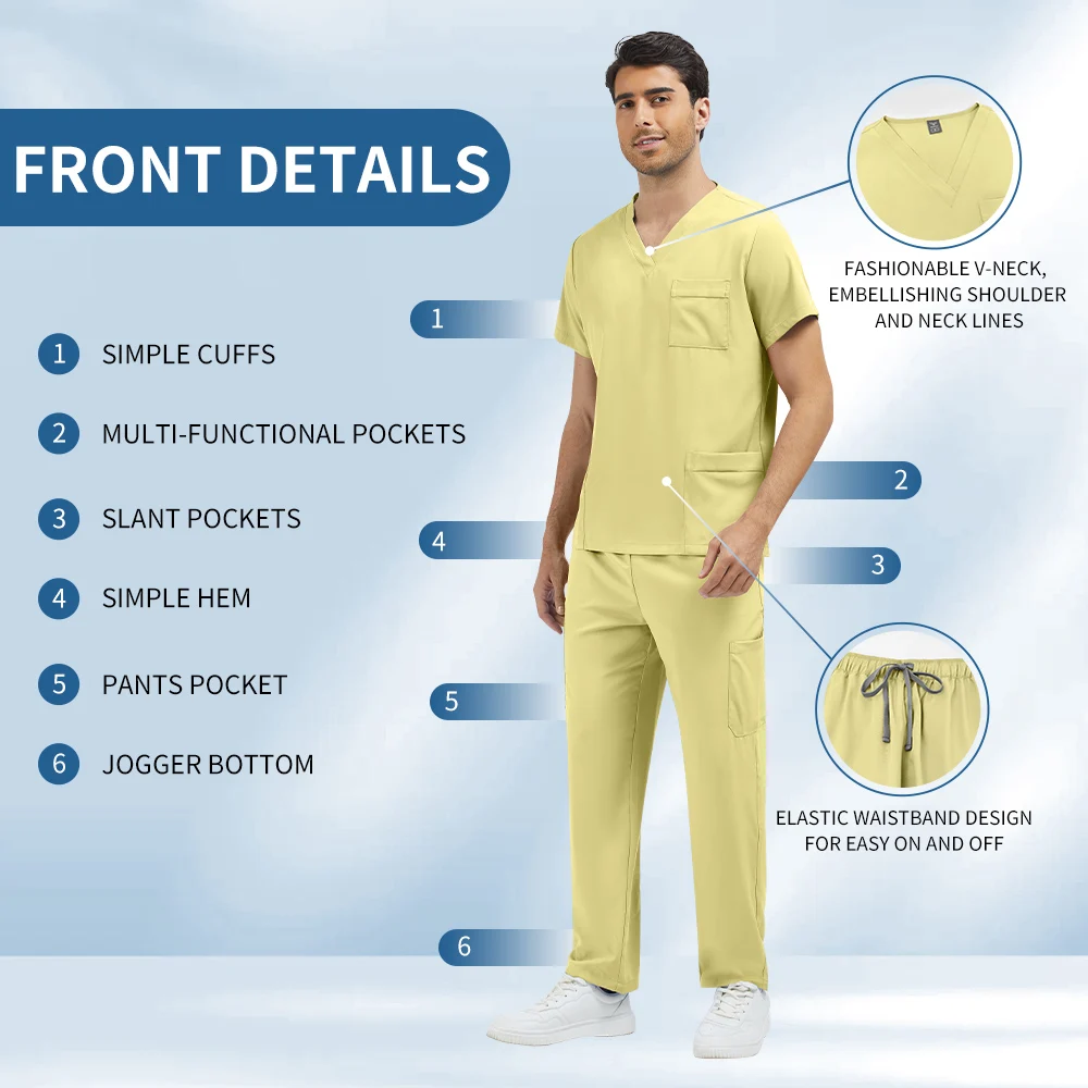 Niaahinn Beauty Salon Workwear Hospital Operating Room Nurse Scrubs Set Medical Nursing Clothes Uniform Men Pocket 2Psc Top+Pant