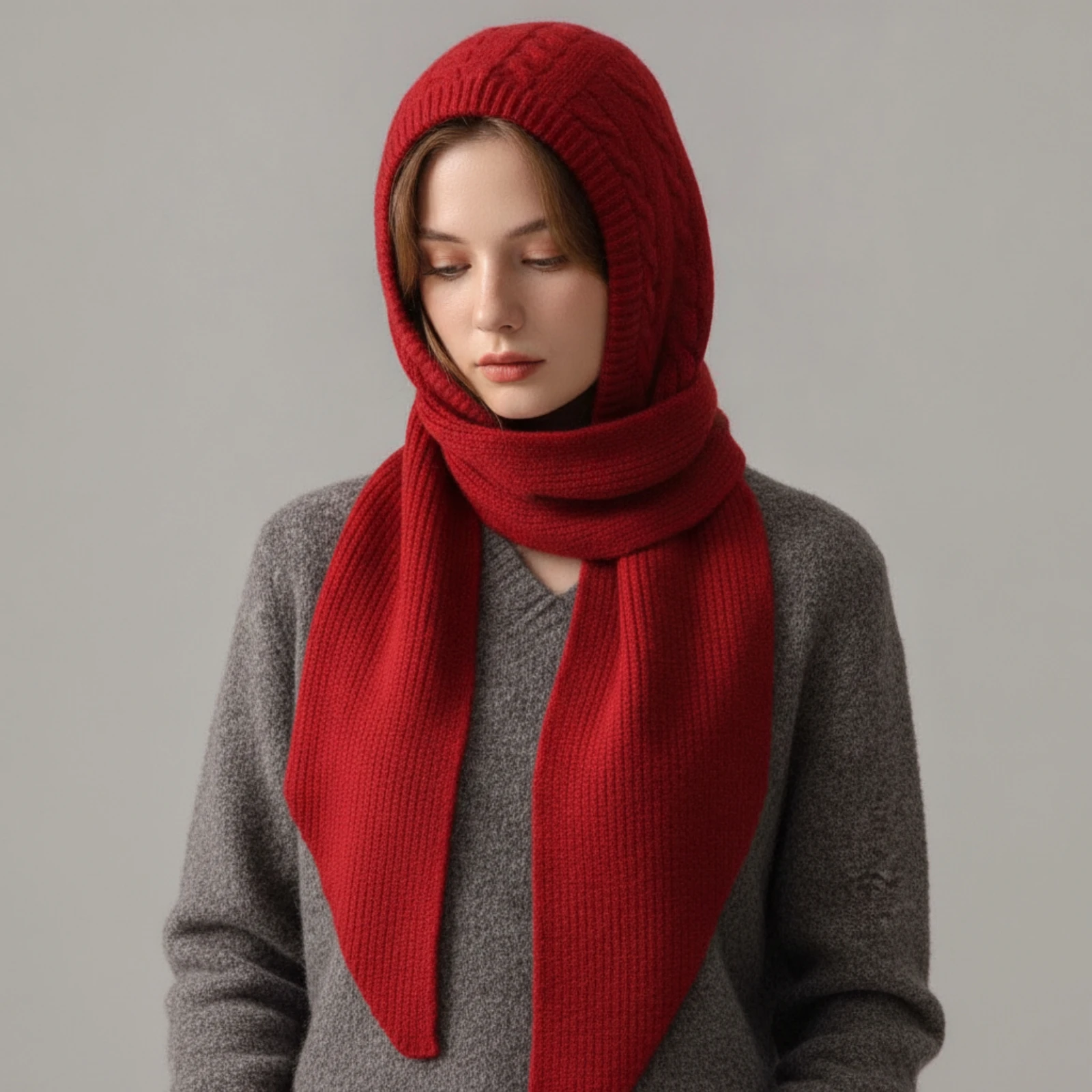 Knitted Hooded Scarf with Ribbed Edging Warm Pointed-End Hooded Scarf Knitted Cozy Head and Neck Wrap Giftable for Outdoor Walks