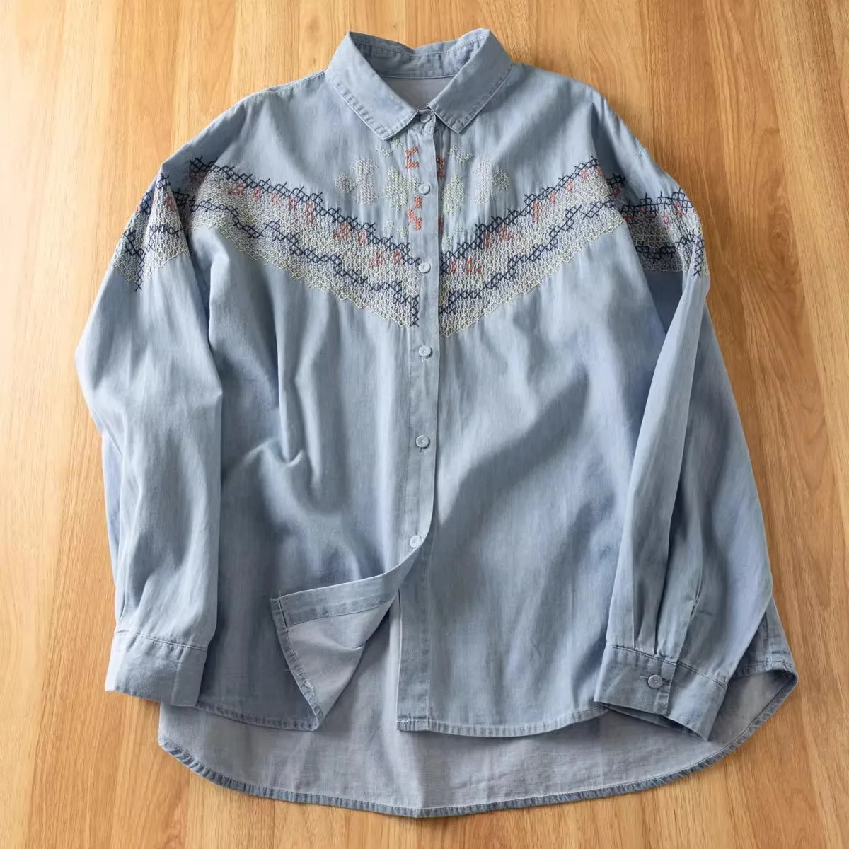 Women Embroidered Denim Shirt Lapel Long Sleeve Button Down Loose Casual Vintage Blouse Ladies Daily Wear Tops - view 2
