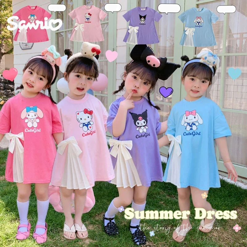 Anime Sanrioed Hello Kittile My Melody Robe d'été pour filles, Robe Kuromi Cinnamoroll, T-Shirt plissé à nœud papillon, Jupe, Vêtements pour filles, Éducatif