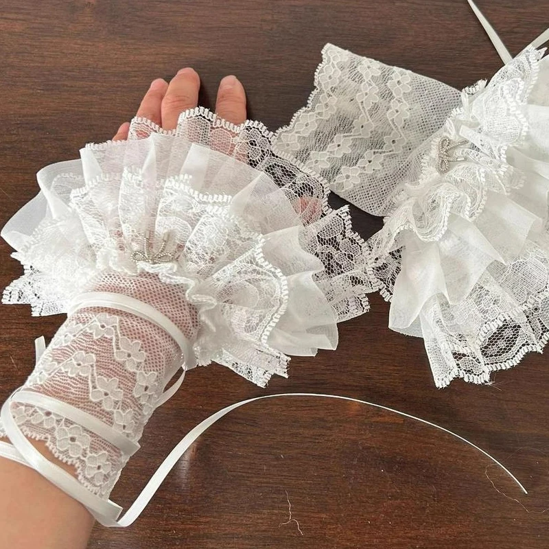 Silk Ribbon Lace Bow Gloves JK Lolita Fingerless Multideck Wrist Cuffs Ruffled Floral Lace Elastic Sleeve Cover Thin Leg Covers