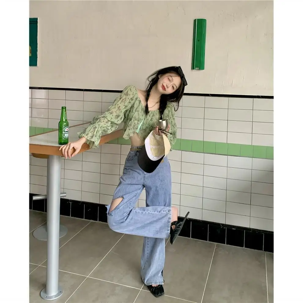 Girl Floral High Waisted Design Short Shirt Long Sleeved Sunscreen Top Shirt