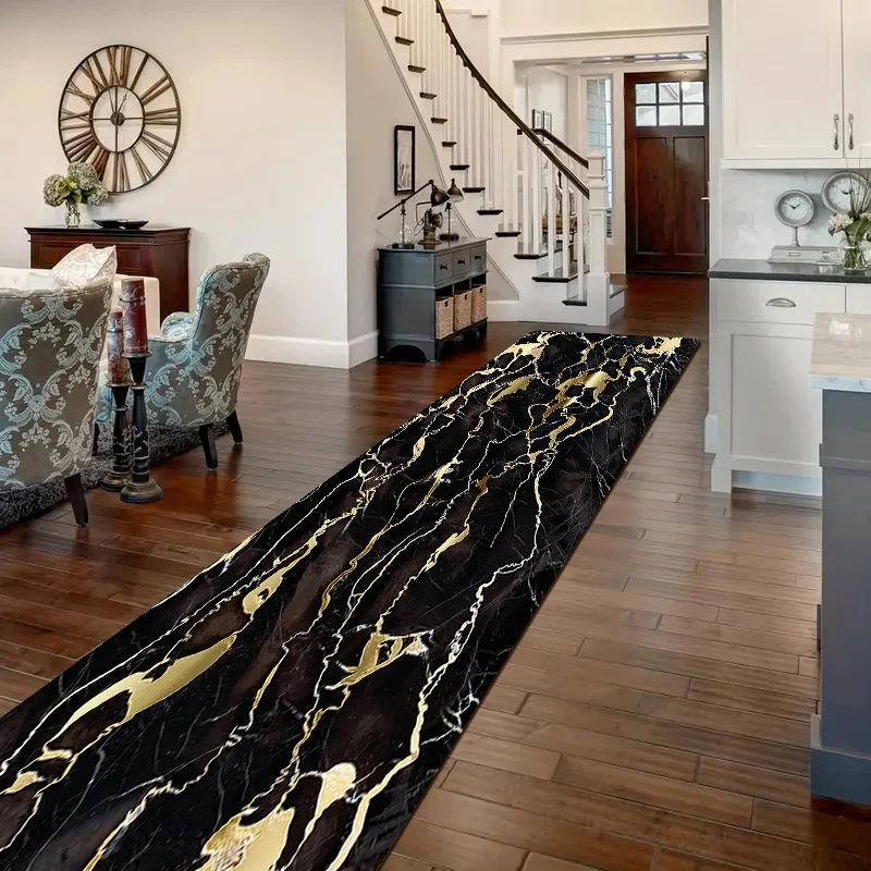 1pc Luxurious Black Marble Print Kitchen Floor Mat, , Non-Slip, Wear-Resistant, Machine Washable Polyester Fiber, Ideal for Ho