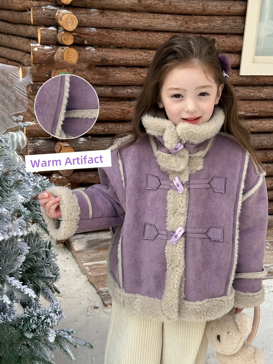 Girls Fashionable Warm and Thick Cotton Coat With Composite Cashmere Fur One Piece Stand Collar Cow Horn Buckle Jacket Trendy