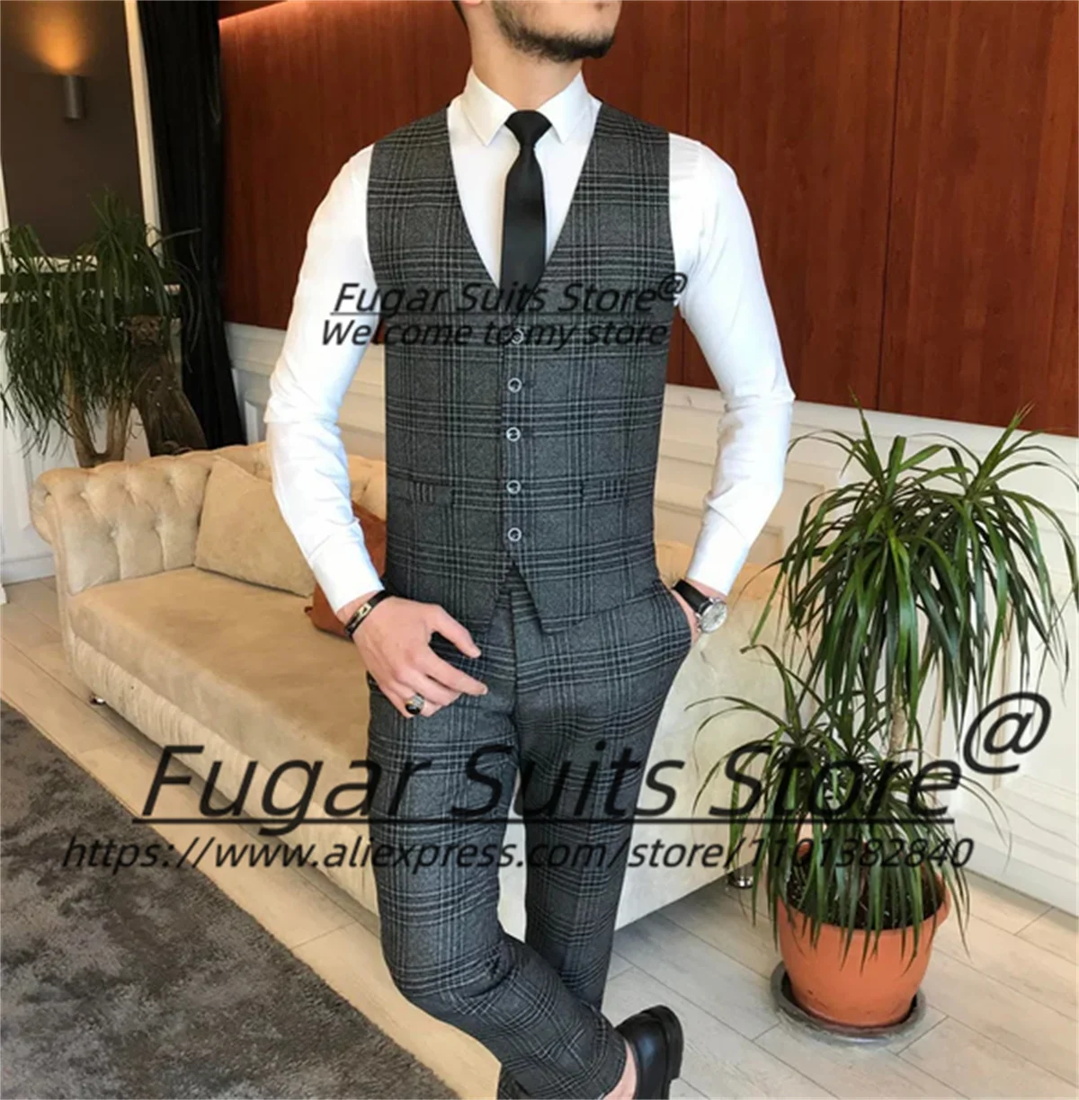 British Style Plaid Men Suits Slim Peak Lapel Groom Formal Tuxedos3 Pieces Sets Business Male Blazers costume homme pour mariage