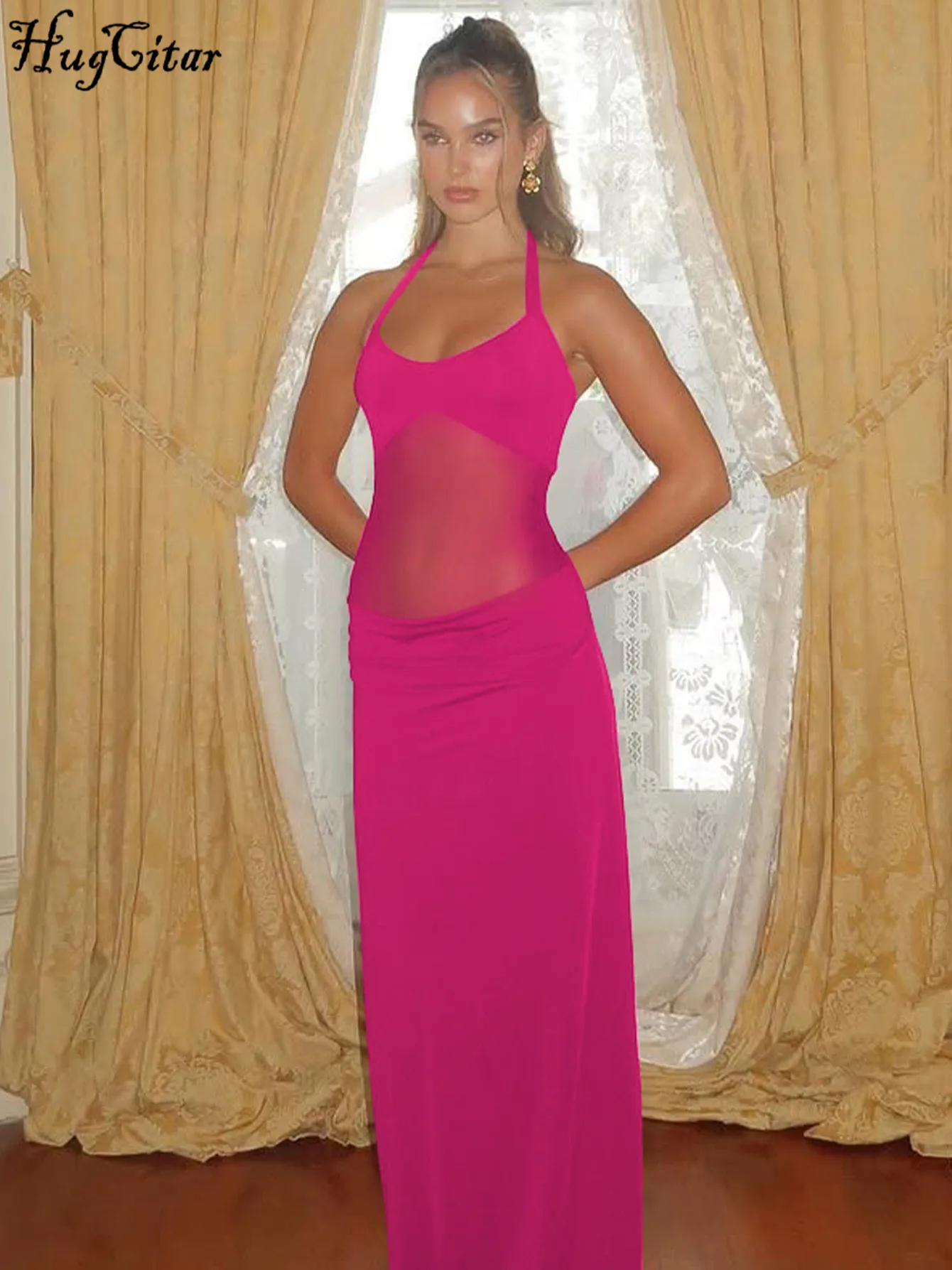 Hugcitar ファッションホルター背中の開いた包帯シャーリングパッチワークレースセクシーなマキシドレスシースルー女性服ビーチ休暇