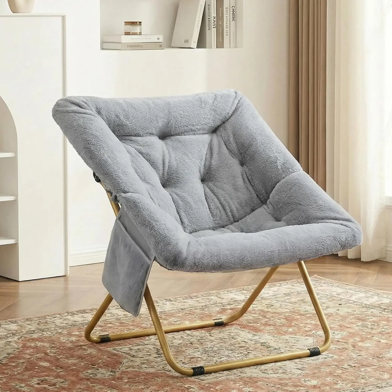 Comfy Saucer Chair, Oversized Foldable Lounge Lazy Chair Soft Faux Fur Reading Chair for Teens Adults, Metal Frame Moon Chair