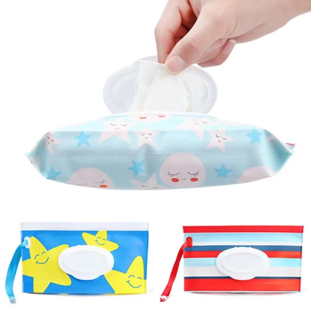 EVA Baby Wet Wipe Pouch  Cute Snap-Strap Reusable Wet Wipes Bag Flip Cover Tissue Box Refillable Wet Wipe Bag Useful Tissue Box