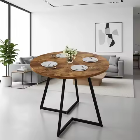 35 Antique Brown Wood-Grain Round Dining Table, Heavy-Duty Steel, Easy Assembly for Kitchen or Living Room