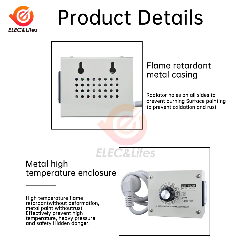 Imagem -03 - Scr Regulador de Tensão Portátil Dimmer Velocidade Temperatura Luz Ajustável Compacto Variável Controlador ca 110v 220v 4000w